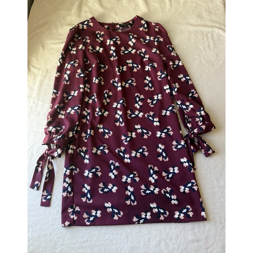 Banana Republic Burgundy Floral Long Sleeve Knee Length Shift Dress Round Neck 6